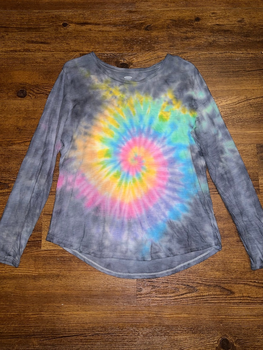 Handmade Tie-Dye Rainbow Swirl Gray Long Sleeve Scoop Neck Retro Shirt Size L